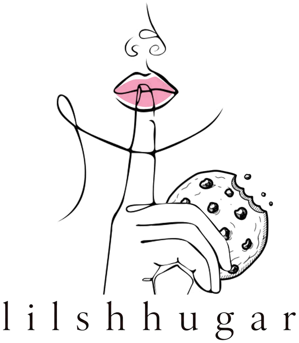 Lil Shhugar. A woman holding a finger to her lips, holding a cookie with a bite taken out of it.